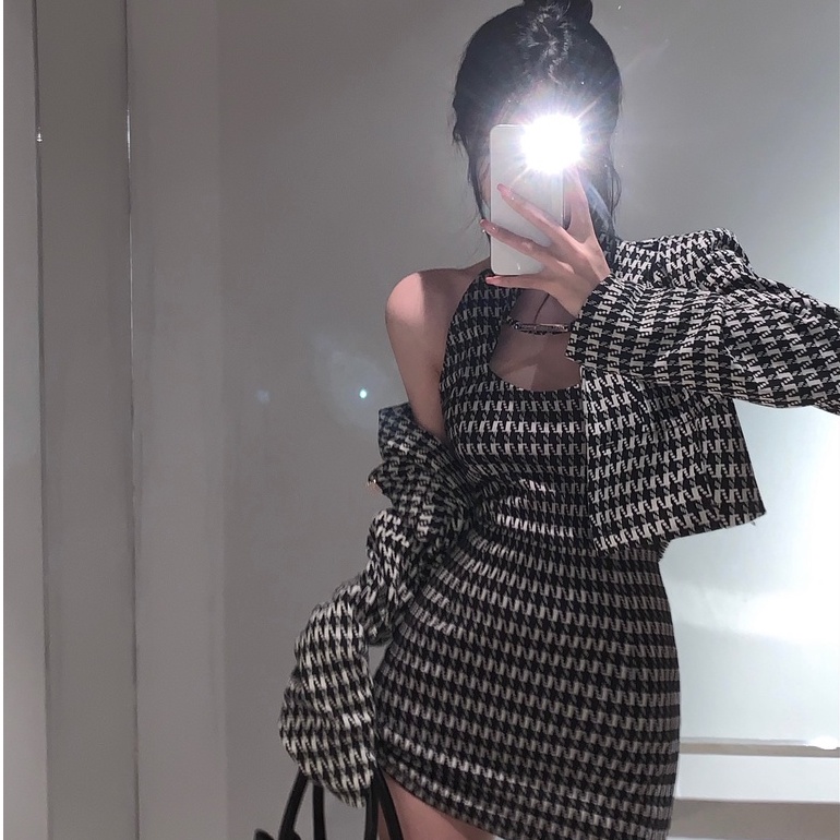 Đầm ôm / Áo khoác họa tiết ca rô thanh lịch thời trang dành cho nữ