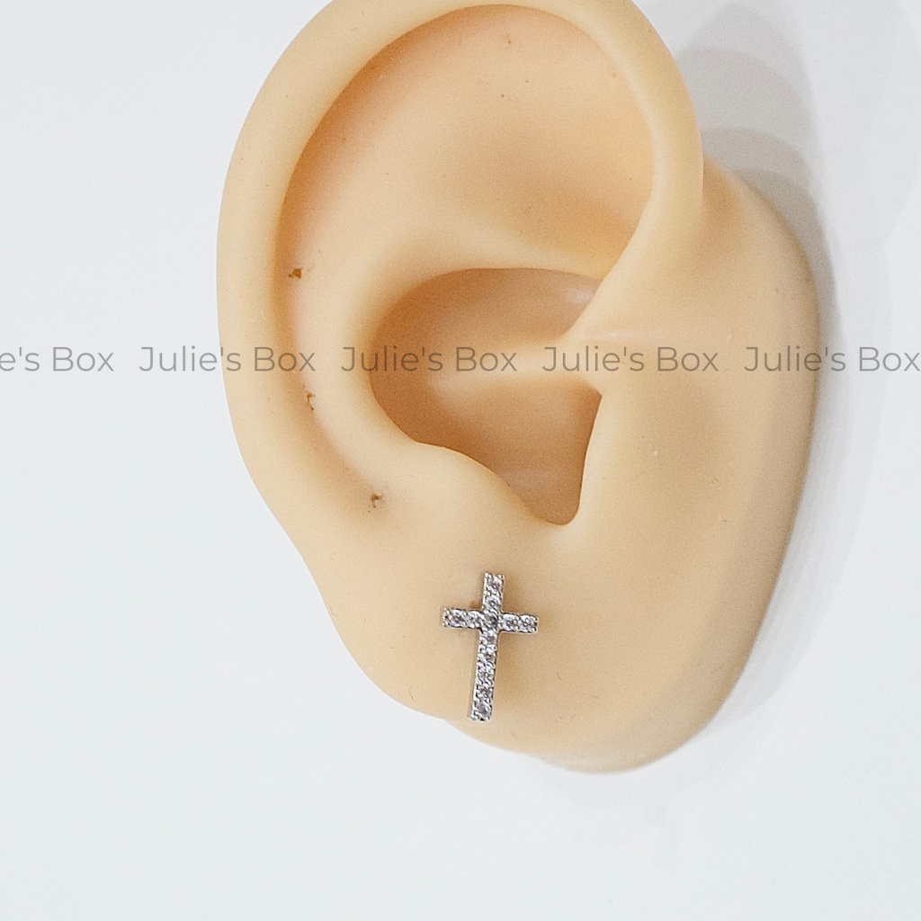 [1 Chiếc] Khuyên Tai Titan Thánh Giá Thẳng Đính Đá Unisex Màu Bạc Đuôi Bi Không Gỉ Sét Không Ngứa Bông Tai Julies Box 66