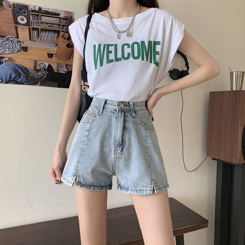 AMOI Quần Short Denim Lưng Cao Ống Rộng Thời Trang Hàn Quốc 2022 Dành Cho Nữ