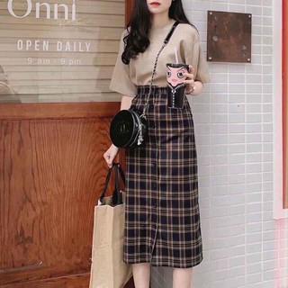 SET ÁO THUN+CHÂN VÁY KẺ DÁNG DÀI