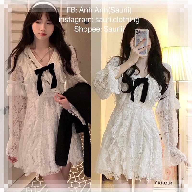 🖤Váy trắng ren dáng ngắn tiểu thư đính nơ ngực xinh xắn/Váy bánh bèo công chúa tay dài ulzzang vintage retro