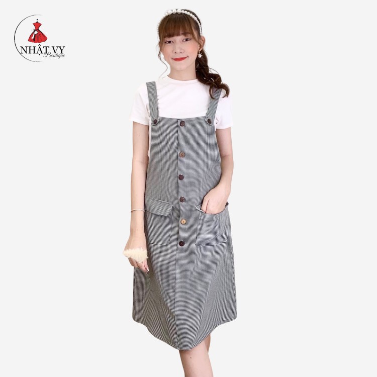 Đầm Nữ NHẬT VY Hai Dây Phối Nút Họa Tiết Caro Không Kèm Áo Đi Chơi Dáng Suông Màu Đen - D1994