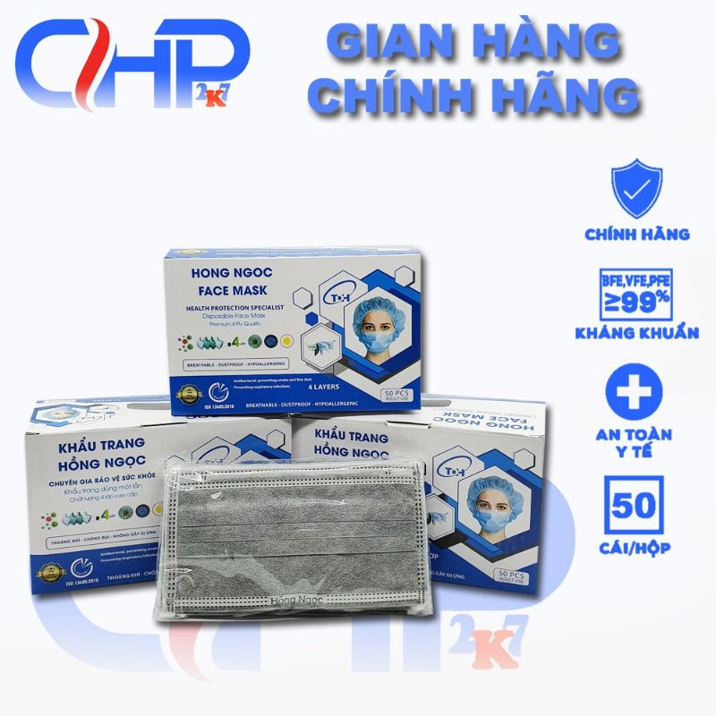 (Giá sỉ) Hộp khẩu trang y tế 4 lớp kháng khuẩn màu Xám quai ngoài 50 cái