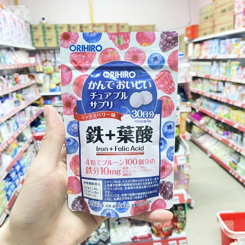 Viên nhai bổ sung sắt và acid folic 120 viên Orihiro Nhật Bản