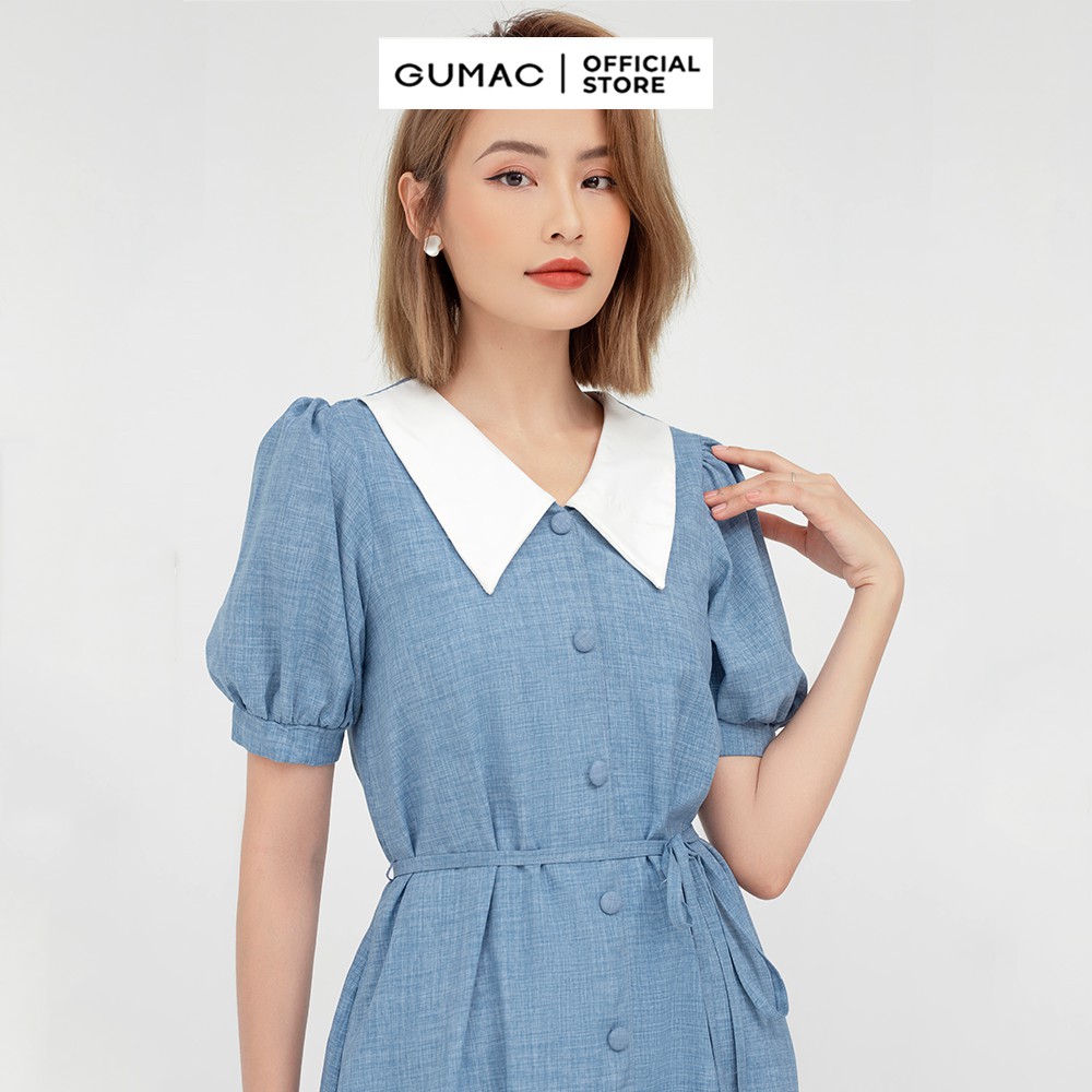 [Mã MABR07062 giảm 8% tối đa 50K đơn từ 249K] Đầm xòe nữ nẹp nút phối cổ GUMAC màu xanh tay ngắn DB574 | BigBuy360 - bigbuy360.vn