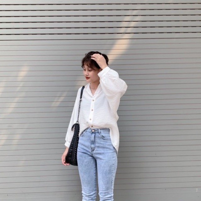 Áo sơ mi trắng đũi Hàn cúc dọc