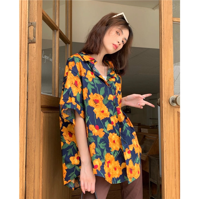 Áo Sơ Mi Nữ Tay Ngắn Họa Tiết Hoa Hướng Dương Thời Trang