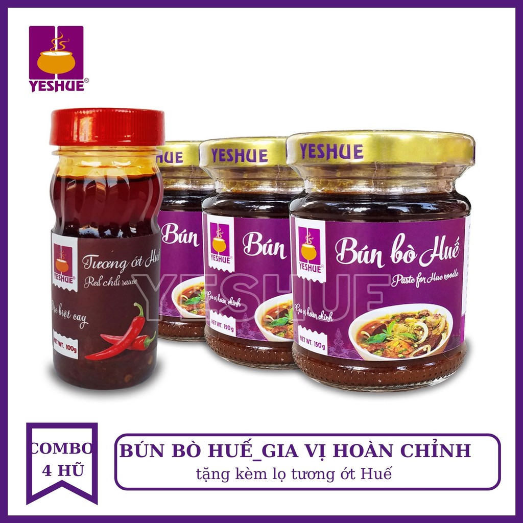 Combo 4 hũ GIA VỊ nấu BÚN BÒ TẶNG hũ tương ỚT 100G - 4 hũ GIA VỊ hoàn chỉnh YesHue dạng dung dịch cô đặc siêu cho bếp