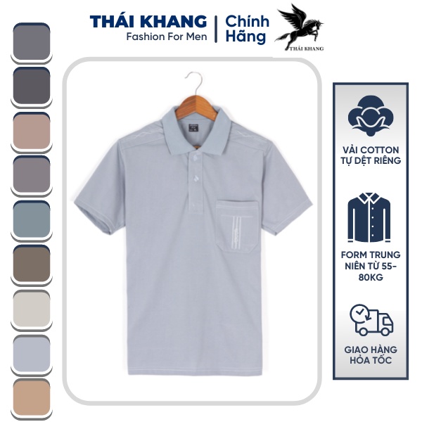Áo thun nam tay ngắn có cổ có túi trung niên THÁI KHANG vải cotton form rộng ATHUN13