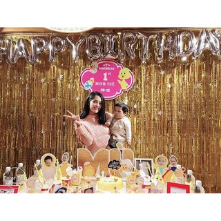 Set trang trí sinh nhật 2 rèm kim tuyến, bộ bóng chữ happy birthday, 50 bóng nhũ