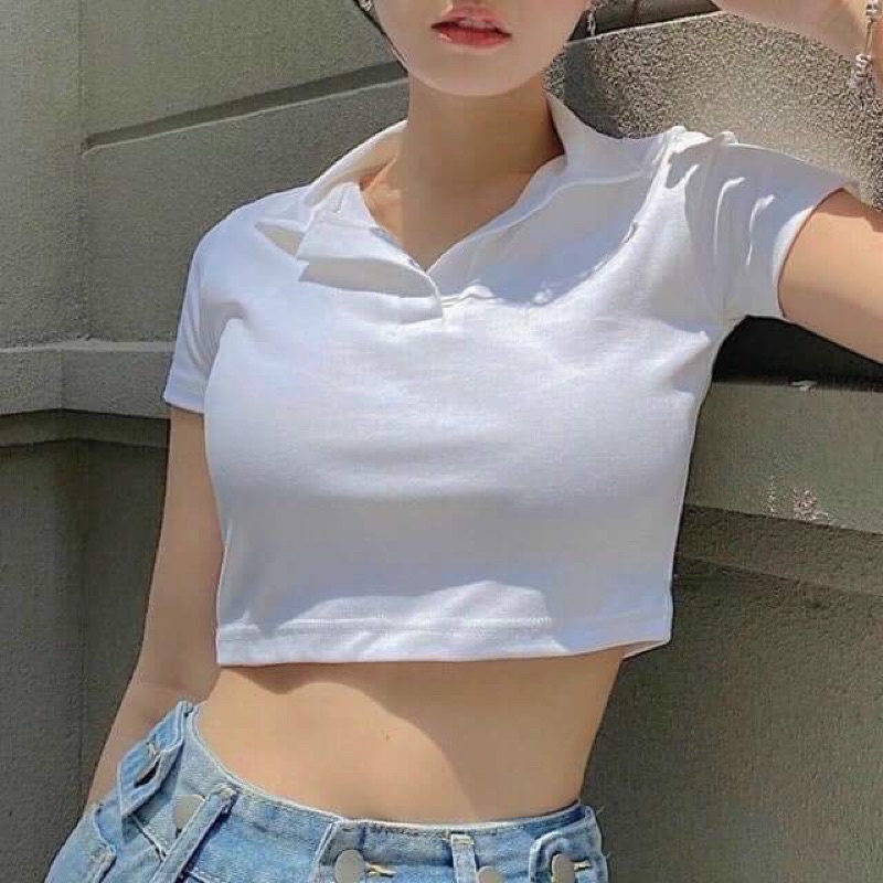 Áo Croptop Cổ Trụ POLO Tay Ngắn Dáng Ôm Nhẹ Ulzzang, Áo Thun Croptop Có Cổ (4 Màu) Lan..shop