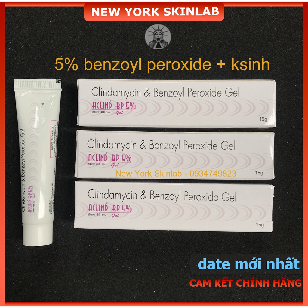 Chấm mụn Aclind BP 5% gel  5% benzoyl peroxide + clin.da.my.ci, giảm mụn, loại bỏ mụn sưng viêm nhanh