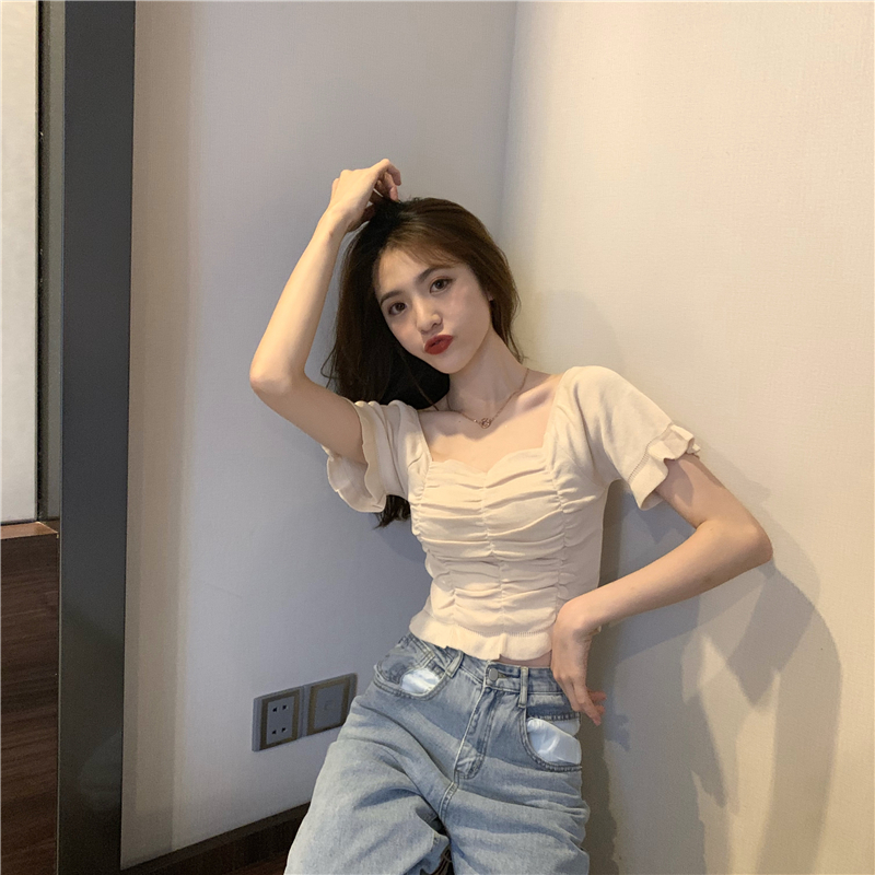 Áo thun COZOK dệt kim tay ngắn cổ vuông hở rốn dáng ôm thời trang cho nữ