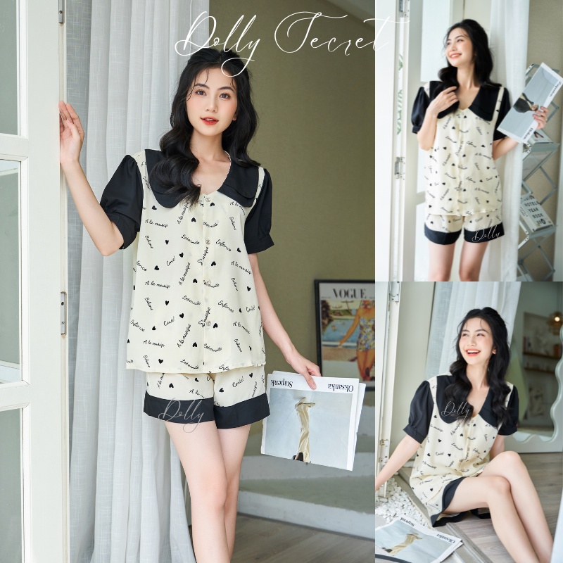 Bộ mặc nhà Pijama lụa mango tay cộc quần đùi DOLLY SECRET phối họa tiết dễ thương tay bồng cổ kép