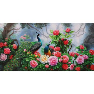 Tranh gắn đá toàn bộ - Đôi chim công và hoa