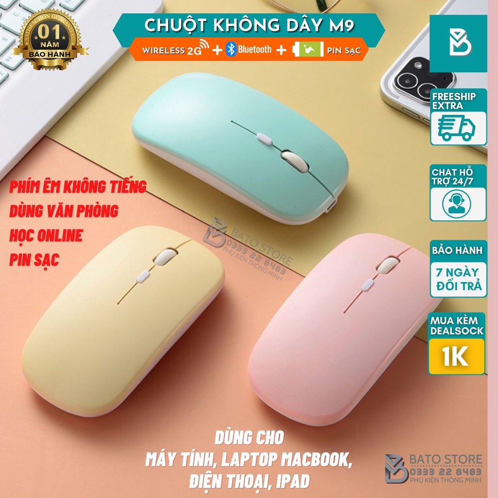 Chuột không dây M9 2 chế độ Bluetooth + Usb, Pin sạc siêu êm không tiếng động dùng cho iPhone, iPad, PC, Macbook