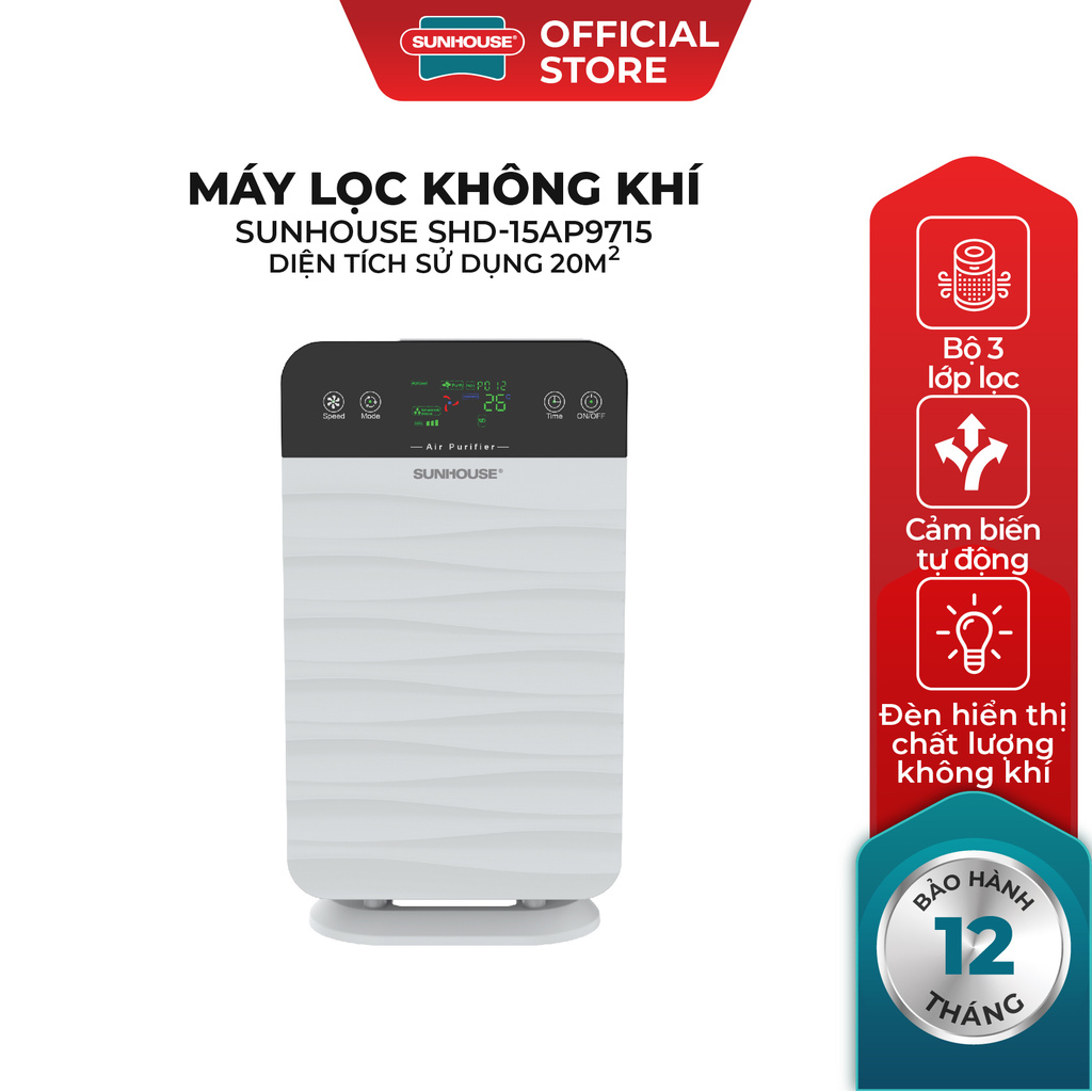 Máy lọc không khí Sunhouse SHD-15AP9715 diện tích sử dụng 20m2 | 3 lớp màng lọc sạch bụi bẩn | 2 chế độ vận hành