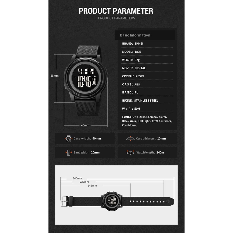 Đồng Hồ Điện Tử Thể Thao SKMEI Chống Thấm Nước 5 Thanh Đèn LED 1895