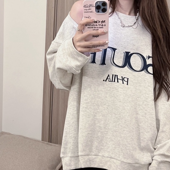 ZHELIHANGFEI Áo Thun Sweater Tay Dài Hở Vai In Họa Tiết Dễ Thương