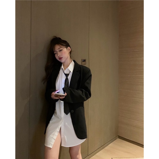 Áo sơ mi túi ngực dài tay kèm cà vạt chất đũi form rộng mix gile diện Tết