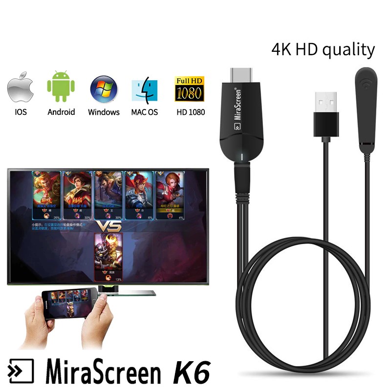 [Mã 159ELSALE hoàn 7% đơn 300K] Thiết Bị HDMI Không Dây Kết Nối Điện Thoại Với TIVI FULL HD 4K 2.4 Ghz MiraScreen K6