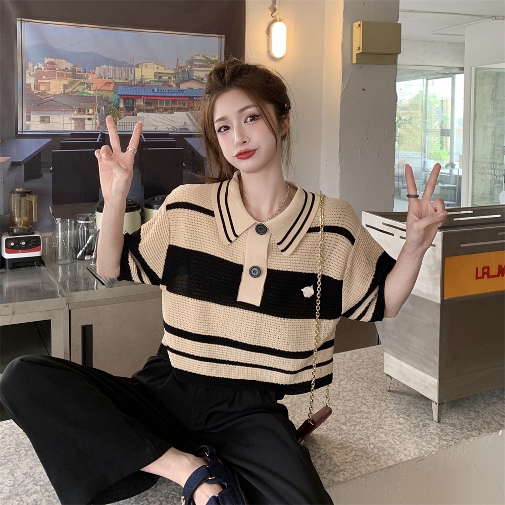 SUXI Áo Thun Dệt Kim Họa Tiết Kẻ Sọc Trắng Đen Phong Cách Vintage Thời Trang Mùa Hè Cho Nữ