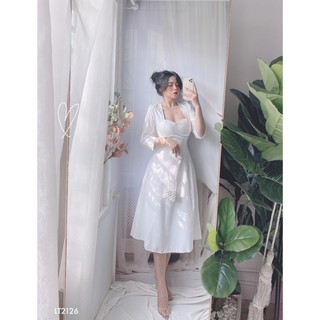 (SALE XẢ HÀNG) Đầm Midi Trắng Thắt Nơ Lưng