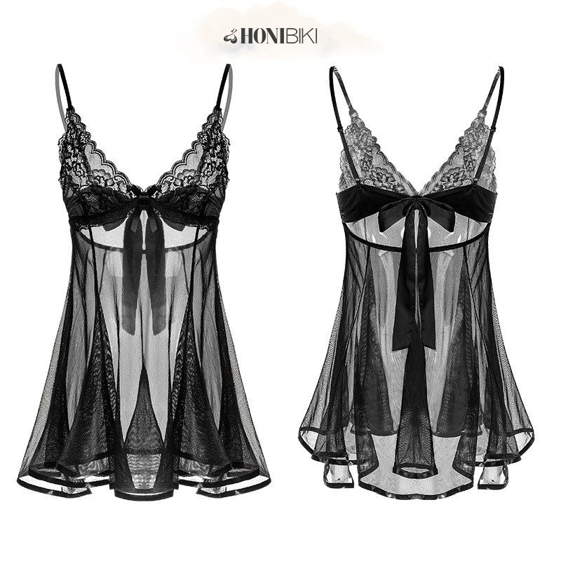 Set đồ ngủ xuyên thấu phối ren - Váy ngủ sexy đan dây nơ sau lưng quyến rũ cho nữ HONIBIKI Mã VN05 | BigBuy360 - bigbuy360.vn