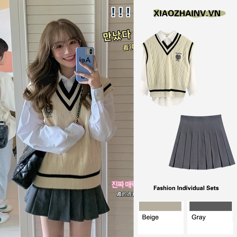 Áo sơ mi trắng tay dài/ Áo len sát nách/ Chân váy chữ A lưng cao phong cách Hàn Quốc thời trang dành cho nữ Xiaozhainv