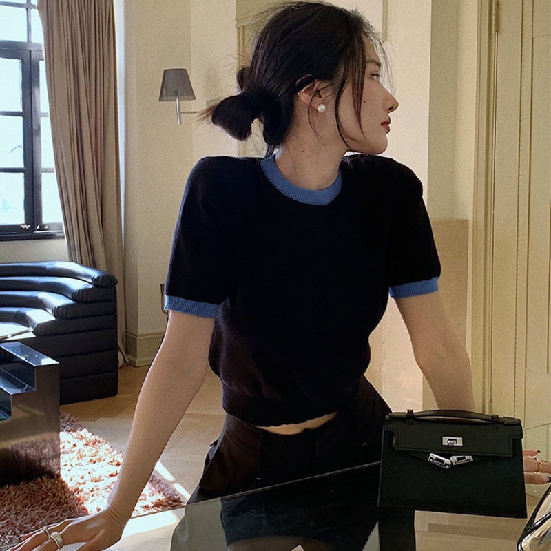 Áo Thun Dệt Kim Tay Ngắn Cổ Tròn Form Ôm Màu Sắc Tương Phản Thời Trang Mùa Hè Cho Nữ