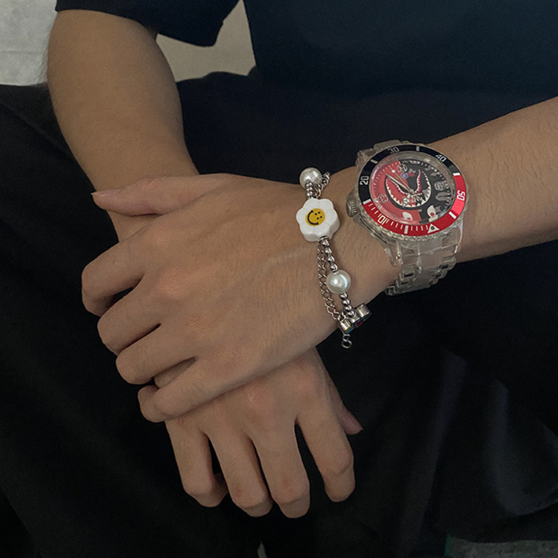 Vòng Tay Đính Ngọc Trai Giả Mặt Cười Phong Cách Harajuku Thời Trang Unisex 19402