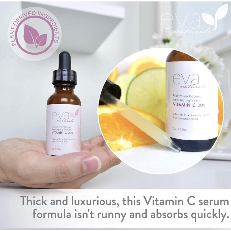 Serum vitamin C làm sáng da, mờ thâm chống lão hoá Eva Naturals 20% Vitamin C 30ml USA