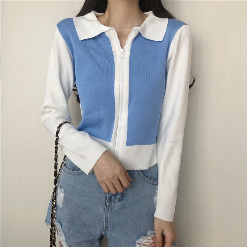 Áo Cardigan Dệt Kim Tay Dài Cổ Bẻ Phối Khóa Kéo Phong Cách Hàn Quốc 1713008