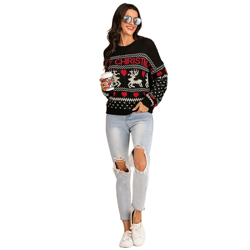 Áo Sweater Dệt Kim Tay Dài In Hình Tuần Lộc Giáng Sinh Dễ Thương Cho Nữ