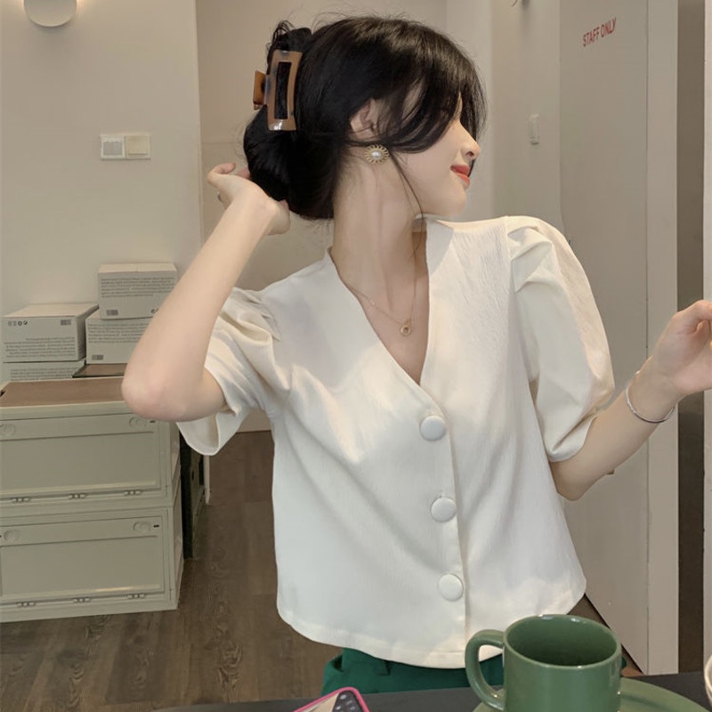 Áo Sơ Mi Tay Ngắn Cổ Chữ v Thiết Kế Ba Hàng Nút Thời Trang Mới Cho Nữ