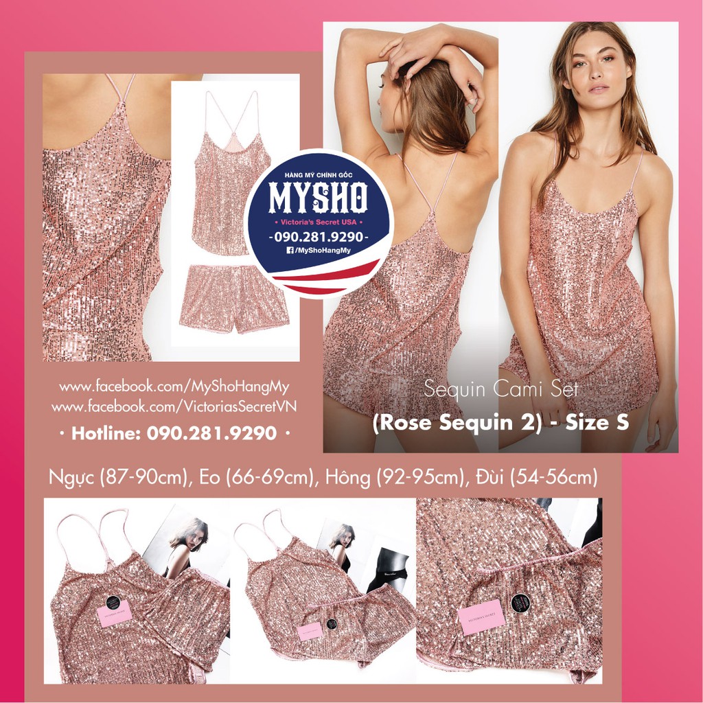 Size S - Bộ đồ ngủ 2 dây quần ngắn, màu hồng kết cườm sành điệu, Sequin Cami Set - Victoria's Secret USA