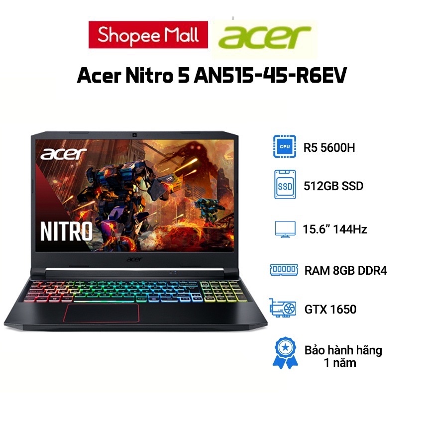 Laptop Acer Nitro 5 AN515-45-R6EV (R5-5600H|8GB|512GB|GTX 1650| 15.6' 144Hz |Win 11)