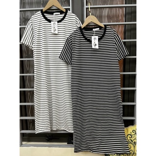 váy suông dáng dài kẻ đen trắng, đầm suông tay lỡ vải cotton mềm mát