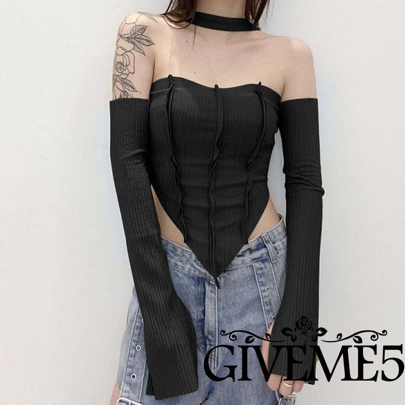 Áo Thun Tay Dài Cổ Thuyền Hở Rốn Màu Trơn Thời Trang Cho Nữ