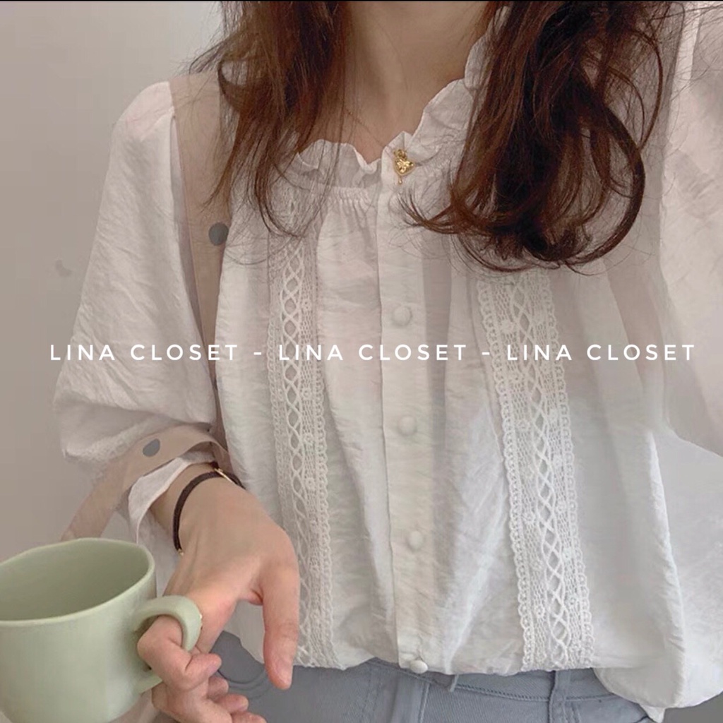 [Ảnh thật] Áo sơ mi babydoll cài cúc viền ren hai bên cách điệu ulzzang - Áo sơ mi trễ vai