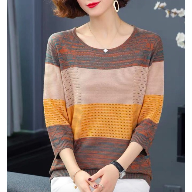Áo thun tay dài dáng rộng phong cách phương tây thời trang cho phụ nữ trung niên