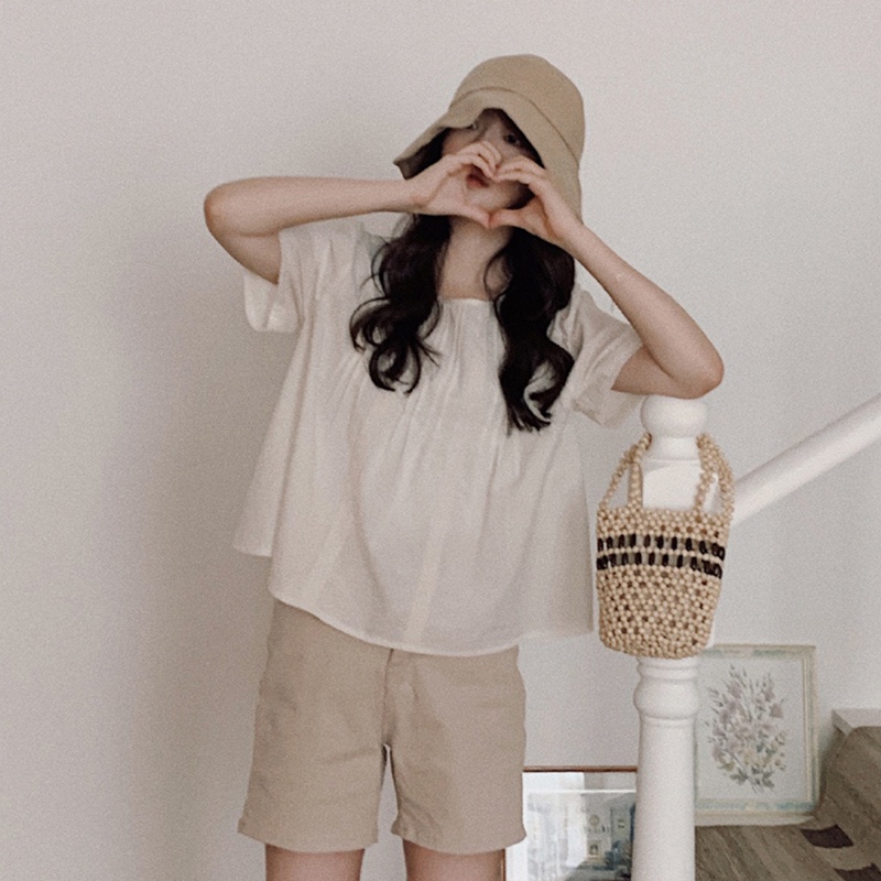 Áo kiểu cổ tròn tay ngắn xếp ly phong cách Hàn Quốc cho nữ 45359