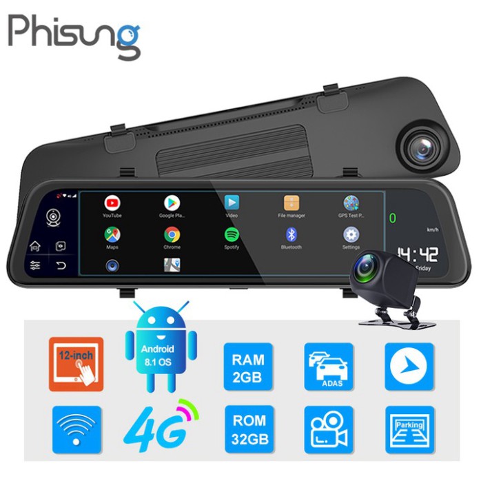 Sản Phẩm Camera hành trình gương ô tô cao cấp Phisung - Z68 màn hình 12 inch, 4G, Wifi, GPS ..