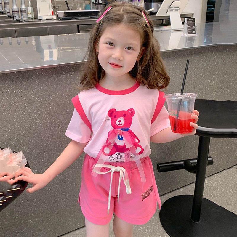 [Hàng Mới Về] Set Áo Thun Tay Ngắn Giả Hai Lớp Bằng Vải Cotton Thoải Mái Phong Cách Hàn Quốc Dành Cho Bé Gái