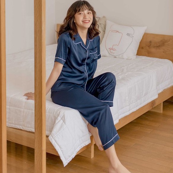 Đồ bộ mặc nhà pijama dài Lụa cao cấp VIBES Navy Long Py Set