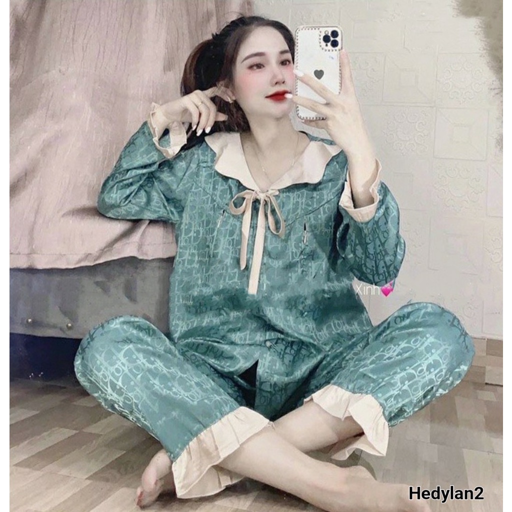 Bộ Đồ Bầu Dài Tay Pijama CHẤT LỤA GẤM cao cấp mềm mát có khóa cho con bú sau sinh tiện lợi BD947