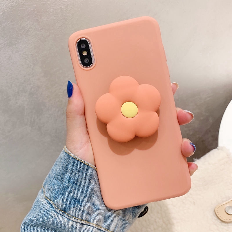 Ốp điện thoại TPU mềm màu trơn kèm giá đỡ hoạt hình cho iPhone SE2 11 Pro Max X XR XS MAX 7 8 6 6s PLUS