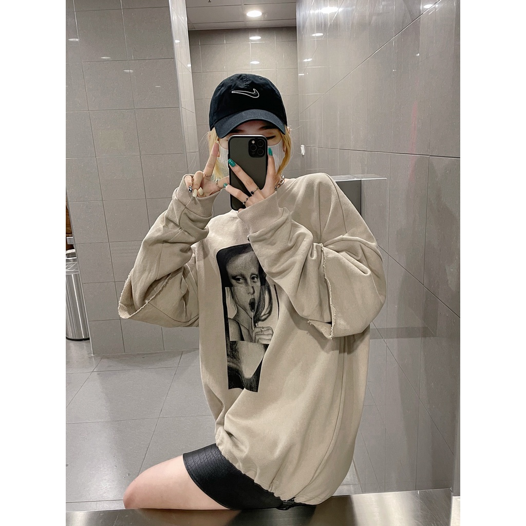 Áo thun nữ dáng rộng tay dài in hình đơn giản thời trang Hàn Quốc