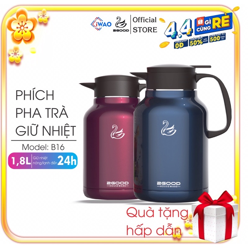 Phích Pha Trà, Bình Giữ Nhiệt, Bình Ủ 2GOOD B16 (1.8L) Hàng Chính Hãng Giữ Nhiệt Nóng Lạnh Suốt 24h