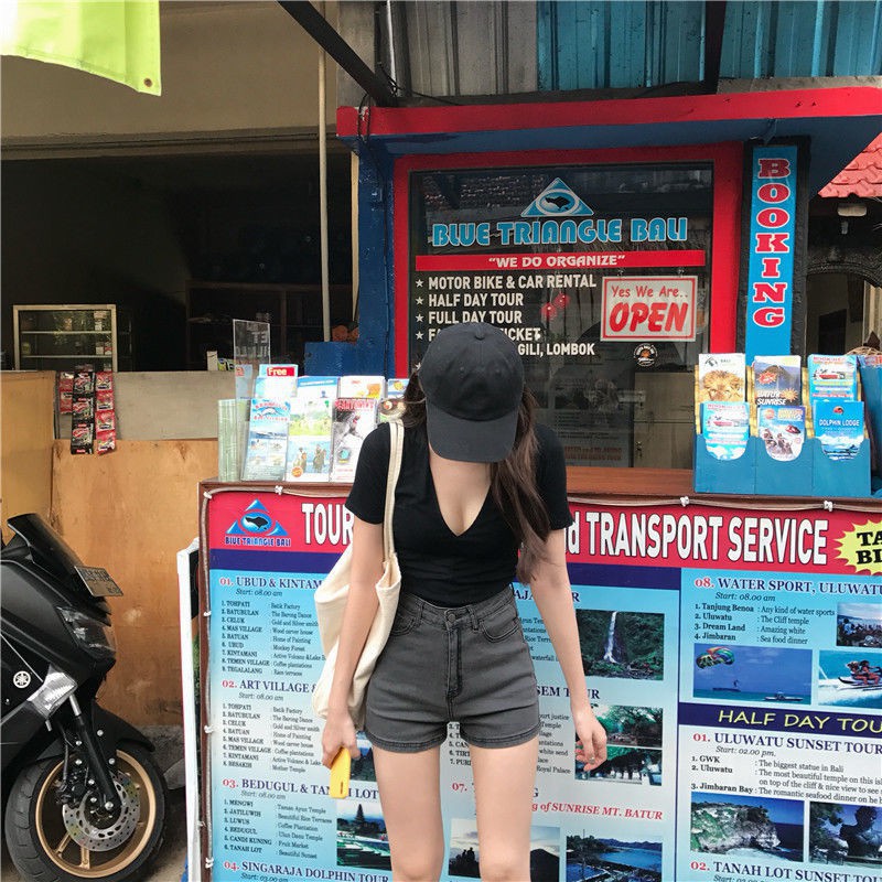 Quần short jean lưng cao phong cách Hàn Quốc thời trang